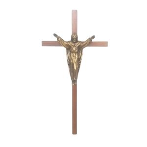 Vintage Wooden Crucifix with Brass Jesus in Gown –Faith Decor
